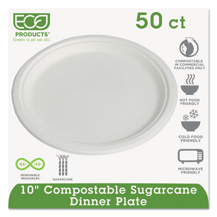 Compostable Sugarcane Dinnerware, 10" Plate, Natural White, 50/Pack