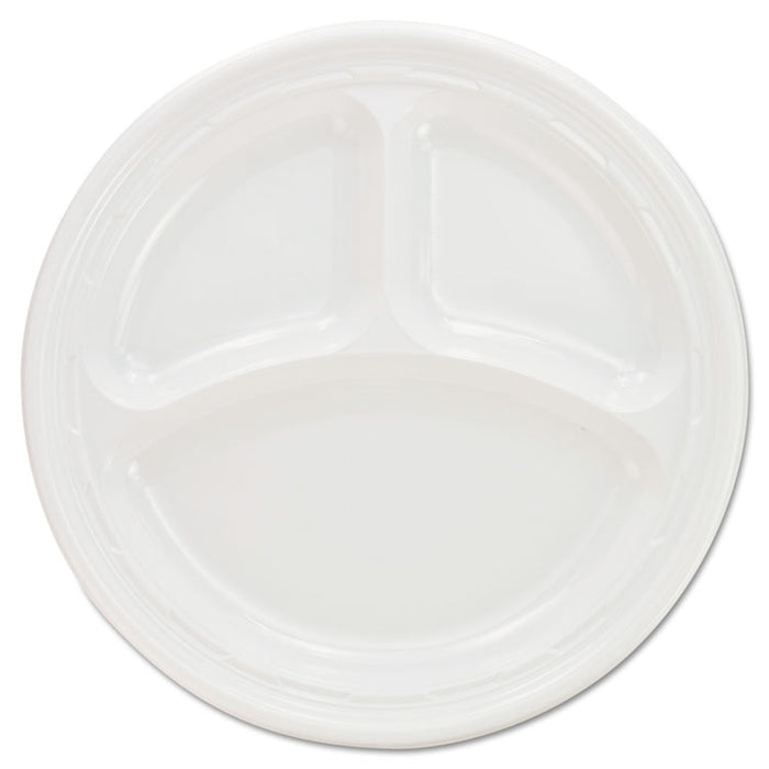 Plastic Plates, 9 Inches, White, 3 Compartments, Round, 125/Pack