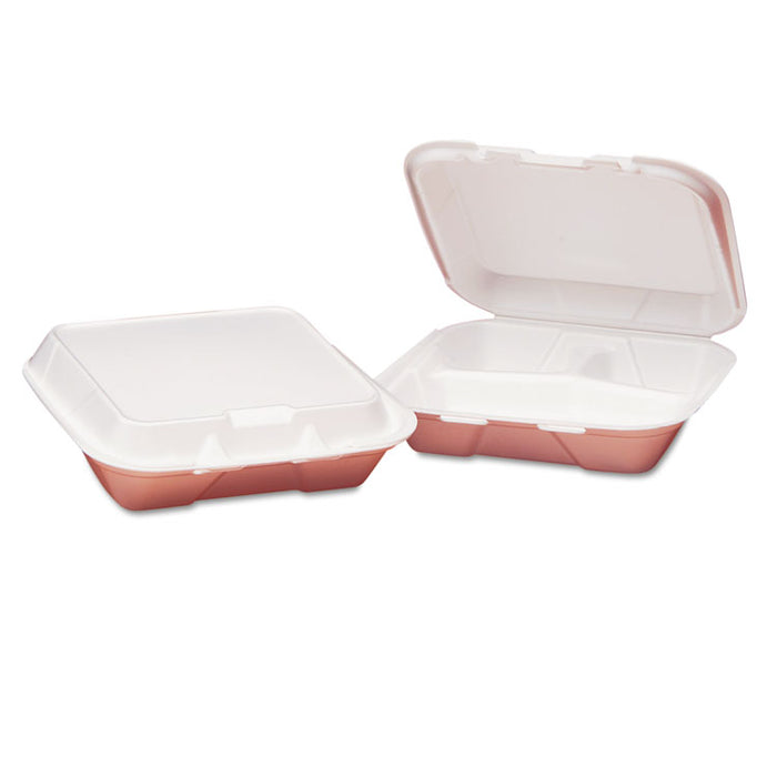 Foam Hinged Carryout Container, 3-Compartment, 8-4/9x7-5/8x2-3/8, White, 100/Bag