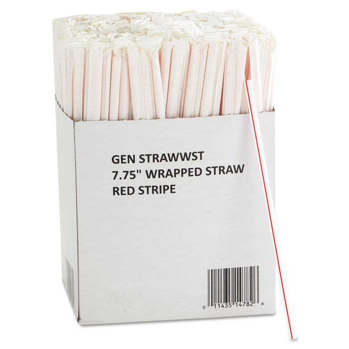 Wrapped Jumbo Straws, 7 3/4", White w/Red Stripes, 24/Carton