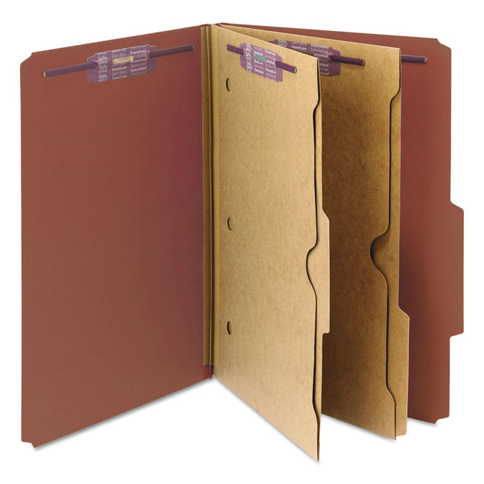 6-Section Pressboard Top Tab Pocket-Style Classification Folders with SafeSHIELD Fasteners, 2 Dividers, Legal, Red, 10/Box