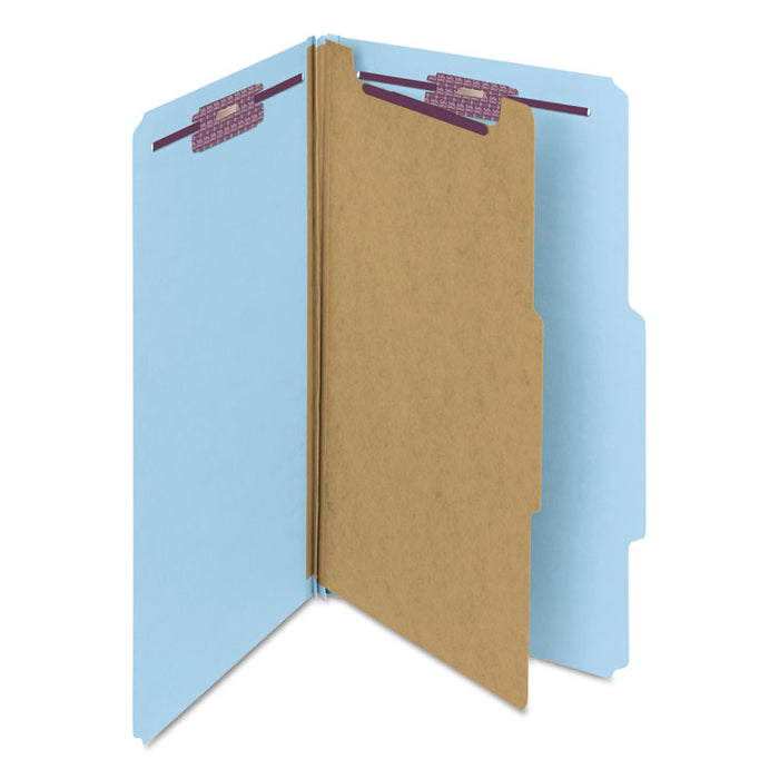 Four-Section Pressboard Top Tab Classification Folders with SafeSHIELD Fasteners, 1 Divider, Legal Size, Blue, 10/Box