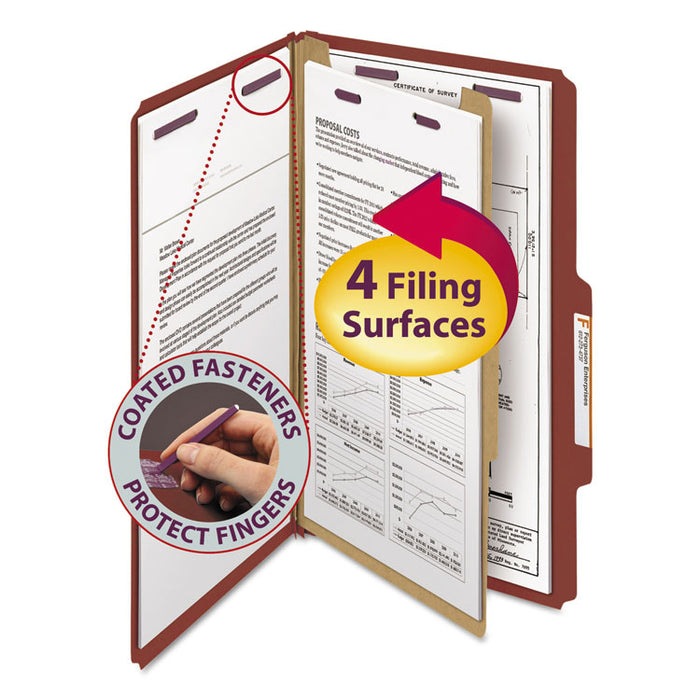 Pressboard Classification Folders with SafeSHIELD Coated Fasteners, 2/5 Cut, 1 Divider, Legal Size, Red, 10/Box