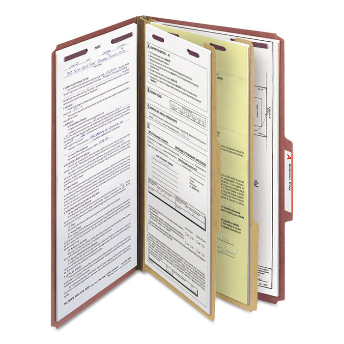 Pressboard Classification Folders with SafeSHIELD Coated Fasteners, 2/5 Cut, 2 Dividers, Legal Size, Red, 10/Box