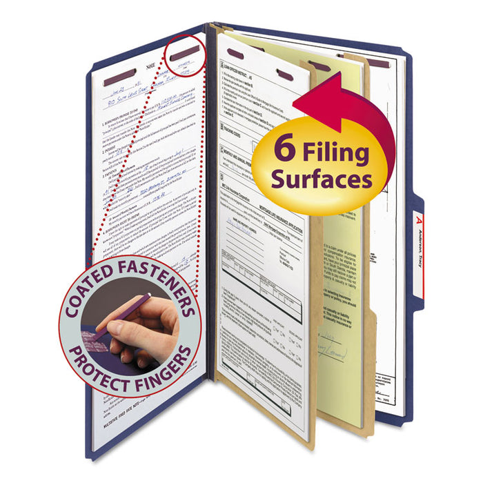 Six-Section Pressboard Top Tab Classification Folders with SafeSHIELD Fasteners, 2 Dividers, Legal Size, Dark Blue, 10/Box