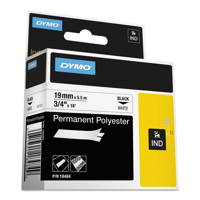Rhino Permanent Poly Industrial Label Tape, 0.75" x 18 ft, White/Black Print