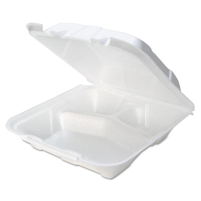 Foam Hinged Lid Containers, White, 9 x 9 x 3.25, 3-Compartment, 150/Carton