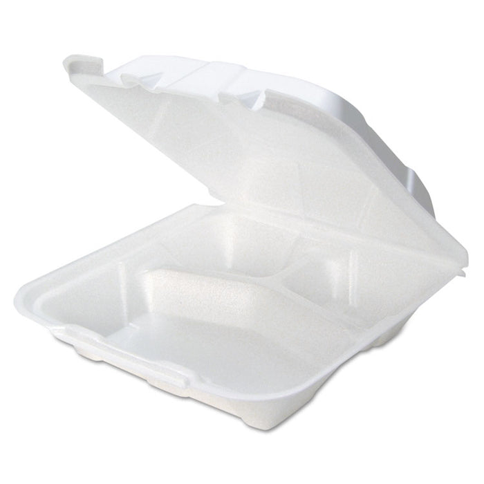 Foam Hinged Lid Containers, White, 9 x 9 x 3.25, 3-Compartment, 150/Carton