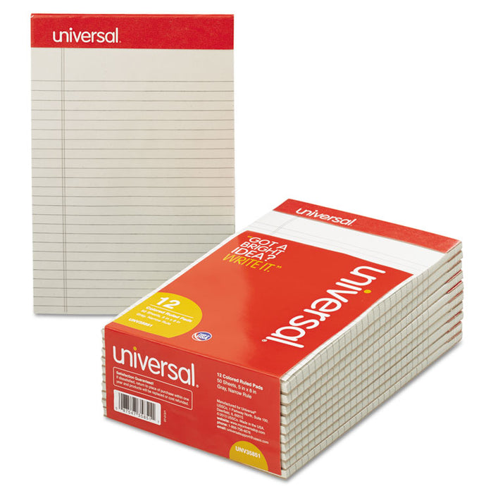 Colored Perforated Writing Pads, Narrow Rule, 5 x 8, Gray, 50 Sheets, Dozen