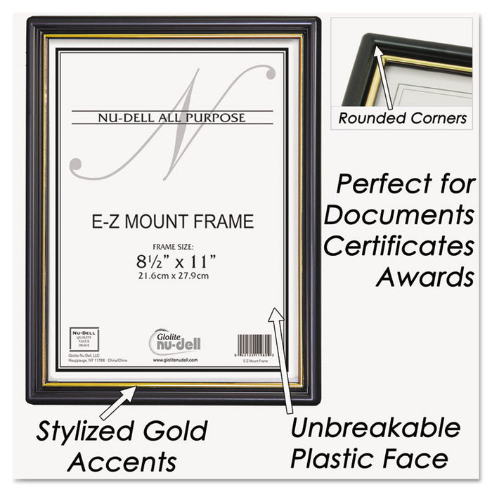 EZ Mount Document Frame with Trim Accent, Plastic Face , 8.5 x 11, Black/Gold