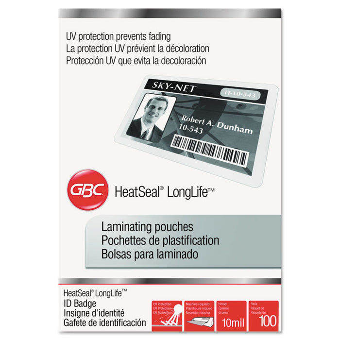 LongLife Thermal Laminating Pouches, 10 mil, 2.56" x 3.75", Gloss Clear, 100/Box