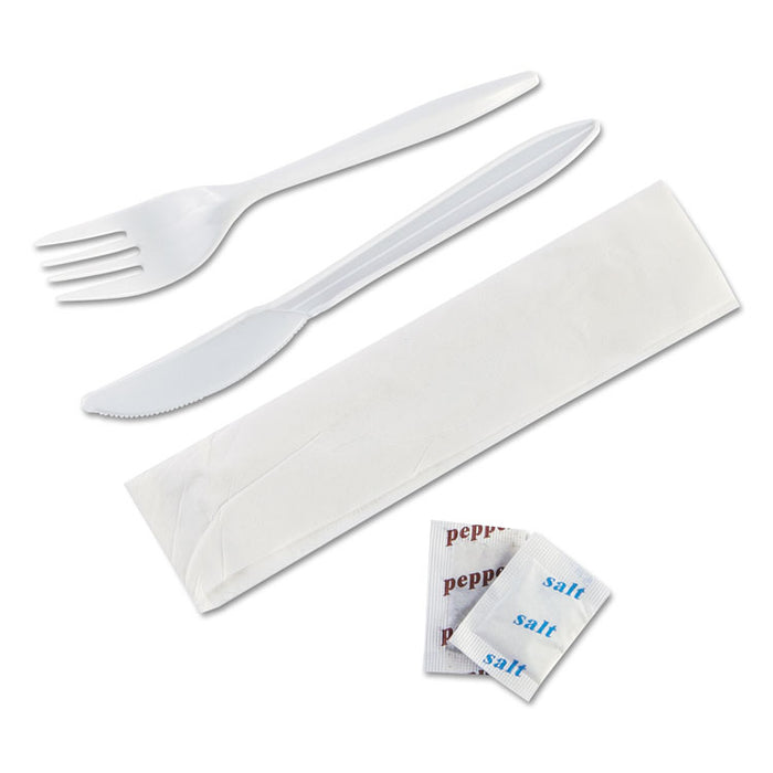 WraPolypropyleneed Cutlery Kit, 6 1/4", Fork/Knife/Napkin/Salt/PePolypropyleneer, White, 250/Carton