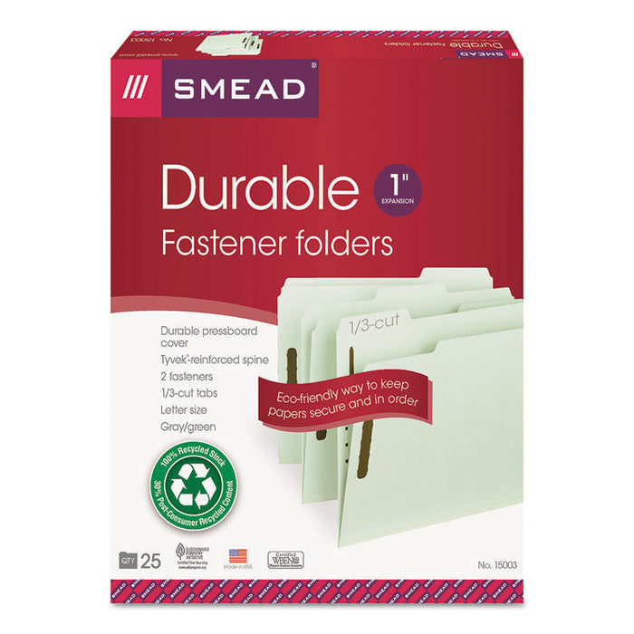 100% Recycled Pressboard Fastener Folders, Letter Size, Gray-Green, 25/Box