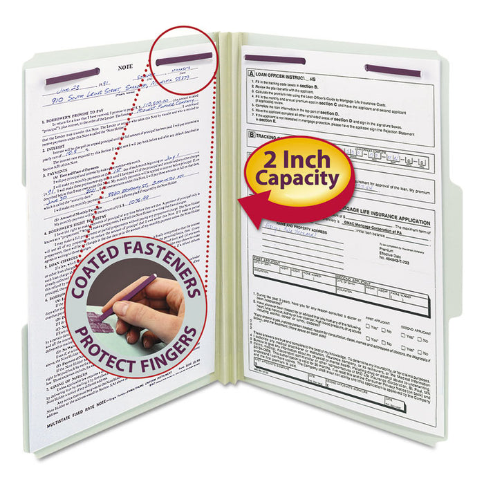 Recycled Pressboard Folders with Two SafeSHIELD Coated Fasteners, 1/3-Cut Tabs, 2" Expansion, Legal Size, Gray-Green, 25/Box