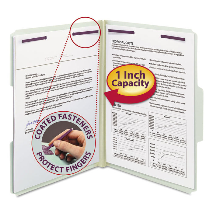 Recycled Pressboard Folders with Two SafeSHIELD Coated Fasteners, 1/3-Cut Tabs, 1" Expansion, Letter Size, Gray-Green, 25/Box