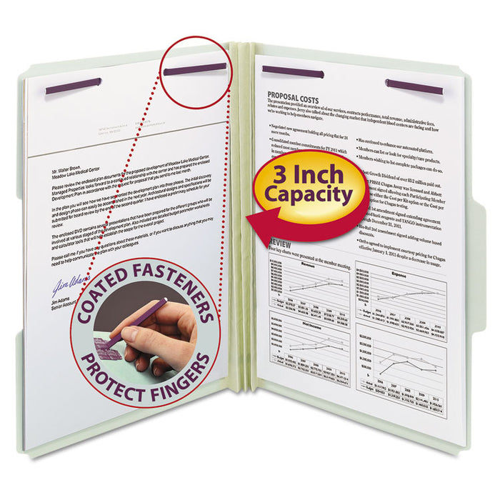 Recycled Pressboard Folders with Two SafeSHIELD Coated Fasteners, 3" Expansion, 1/3-Cut Tab, Letter Size, Gray-Green, 25/Box