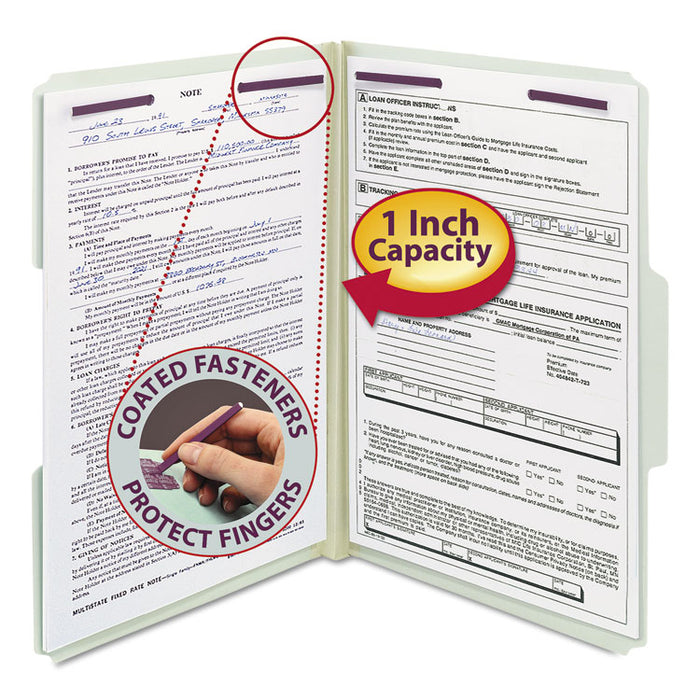 Recycled Pressboard Folders with Two SafeSHIELD Coated Fasteners, 1/3-Cut Tabs, 1" Expansion, Legal Size, Gray-Green, 25/Box