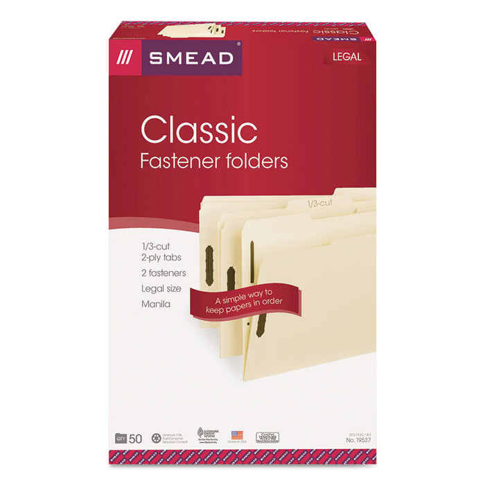 Top Tab Fastener Folders, 1/3-Cut Tabs: Assorted, 2 Fasteners, Legal Size, 11-pt Manila Exterior, 50/Box