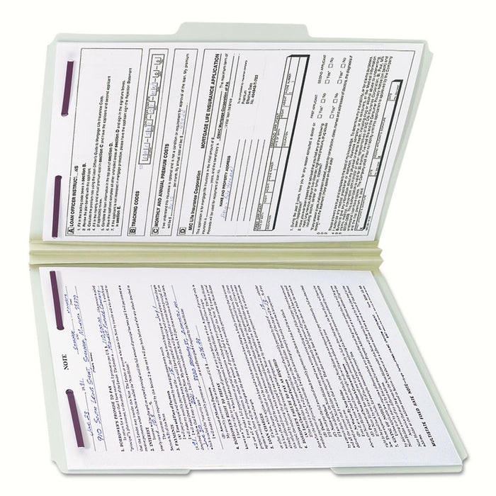 Recycled Pressboard Folders with Two SafeSHIELD Coated Fasteners, 1/3-Cut Tabs, 2" Expansion, Legal Size, Gray-Green, 25/Box