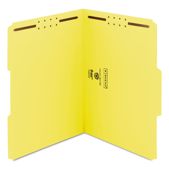 Top Tab Colored Fastener Folders, 2 Fasteners, Letter Size, Yellow Exterior, 50/Box