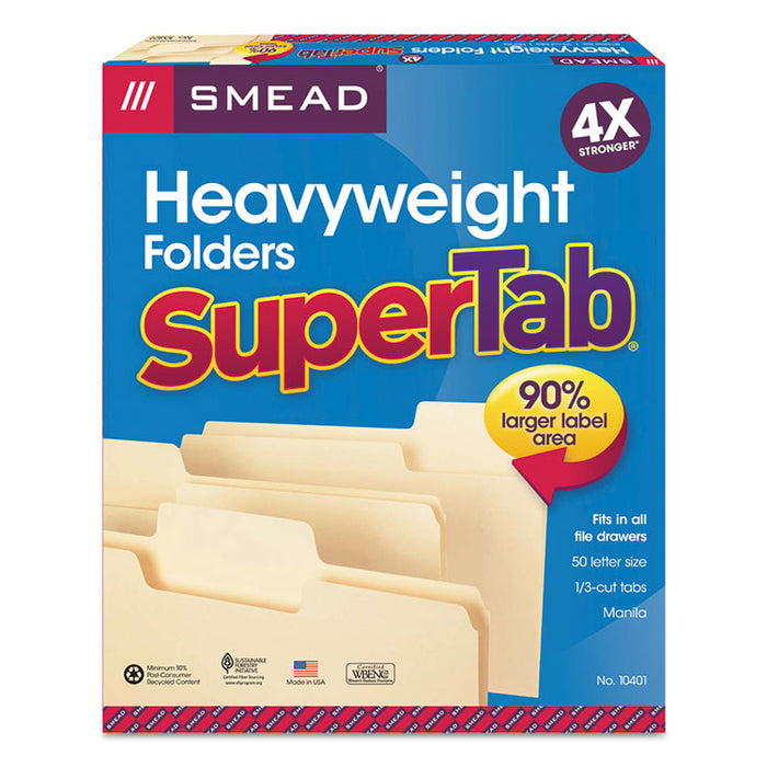 SuperTab Top Tab File Folders, 1/3-Cut Tabs: Assorted, Letter Size, 0.75" Expansion, 14-pt Manila, 50/Box
