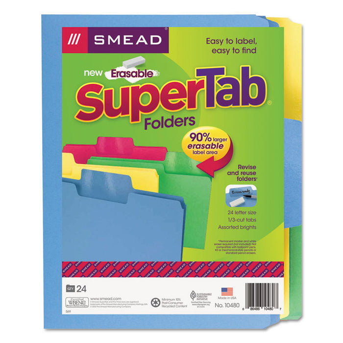 Erasable SuperTab File Folders, 1/3-Cut Tabs: Assorted, Letter Size, 0.75" Expansion, Assorted Colors, 24/Pack