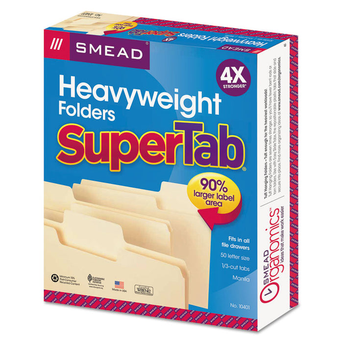 SuperTab Top Tab File Folders, 1/3-Cut Tabs: Assorted, Letter Size, 0.75" Expansion, 14-pt Manila, 50/Box