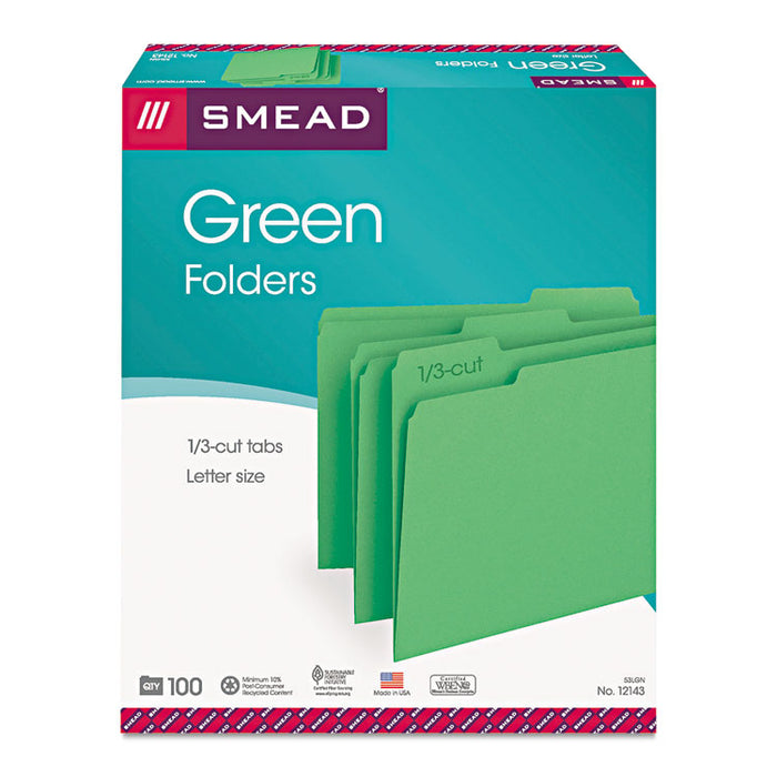 Colored File Folders, 1/3-Cut Tabs: Assorted, Letter Size, 0.75" Expansion, Green, 100/Box