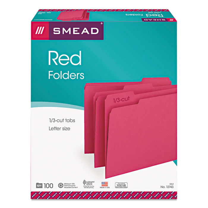 Colored File Folders, 1/3-Cut Tabs: Assorted, Letter Size, 0.75" Expansion, Red, 100/Box