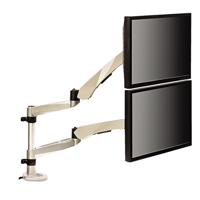 Easy-Adjust Desk Dual Arm Mount for 27" Monitors, 360 deg Rotation, +90/-15 deg Tilt, 360 deg Pan, Silver, Supports 20 lb