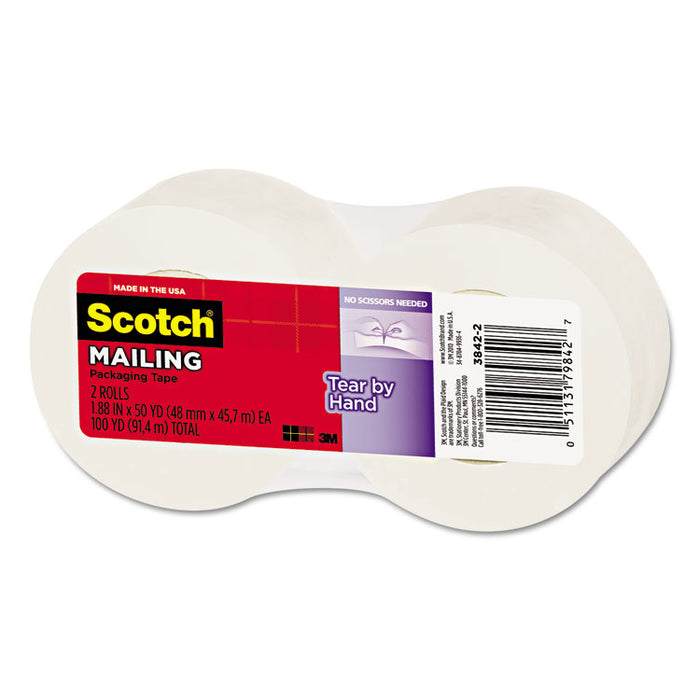 Tear-By-Hand Packaging Tapes, 1.5" Core, 1.88" x 50 yds, Clear, 2/Pack