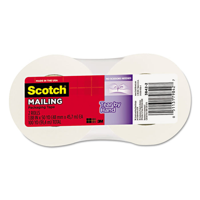 Tear-By-Hand Packaging Tapes, 1.5" Core, 1.88" x 50 yds, Clear, 2/Pack