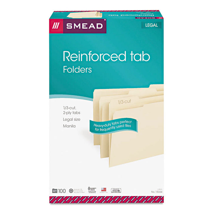 Reinforced Tab Manila File Folders, 1/3-Cut Tabs: Assorted, Legal Size, 0.75" Expansion, 11-pt Manila, 100/Box