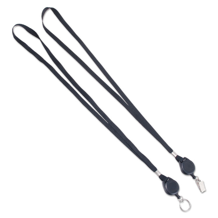 Lanyards with Retractable ID Reels, Metal Clip Fastener, 34" Long, Black, 12/Pack