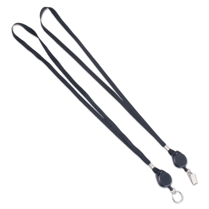 Lanyards with Retractable ID Reels, Metal Split Ring Fastener, 34" Long, Black, 12/Pack