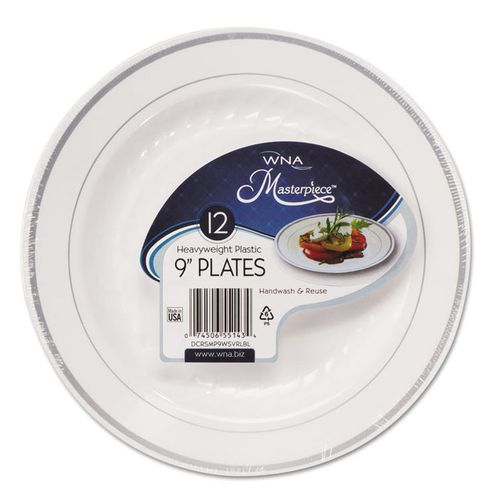 Masterpiece Plastic Plates, 9 in, White w/Silver Accents, Round, 120/Carton
