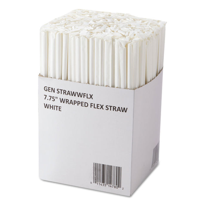 Wrapped Flex Straws, 7 3/4", Polypropylene, White, 10,000 Straws/Carton
