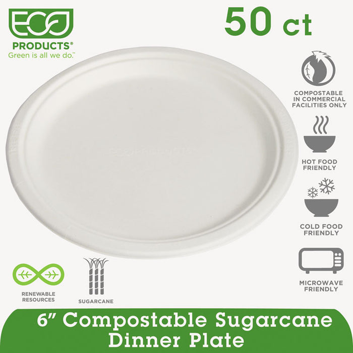 Renewable and Compostable Sugarcane Plates Convenience Pack, 6" dia, Natural White, 50/Pack
