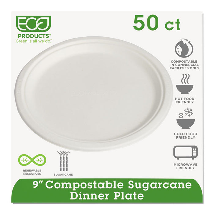 Renewable and Compostable Sugarcane Plates, 9" dia, Natural White, 50/Packs