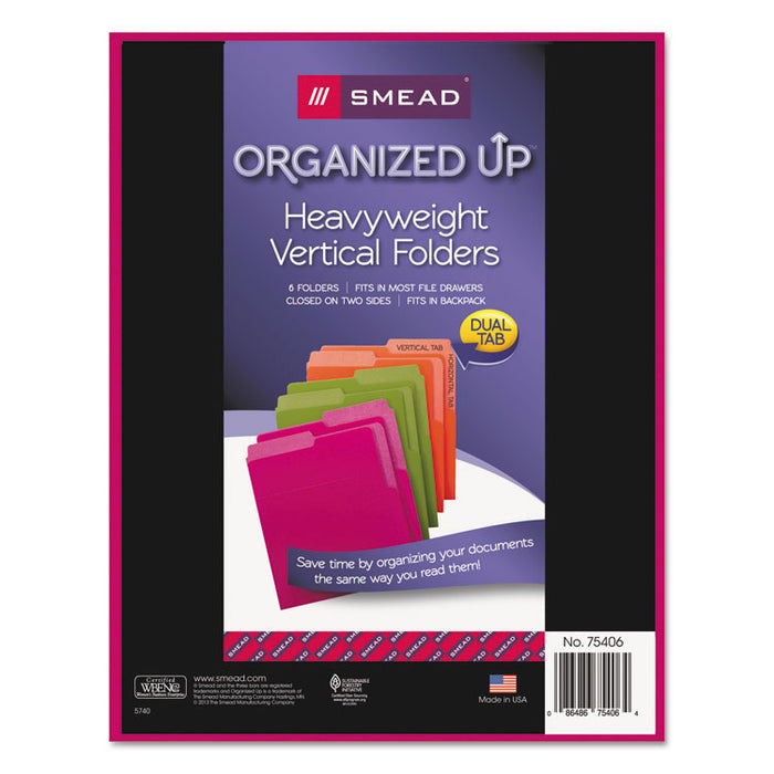 Organized Up Heavyweight Vertical File Folders, 1/2-Cut Tabs, Letter Size, Assorted, 6/Pack