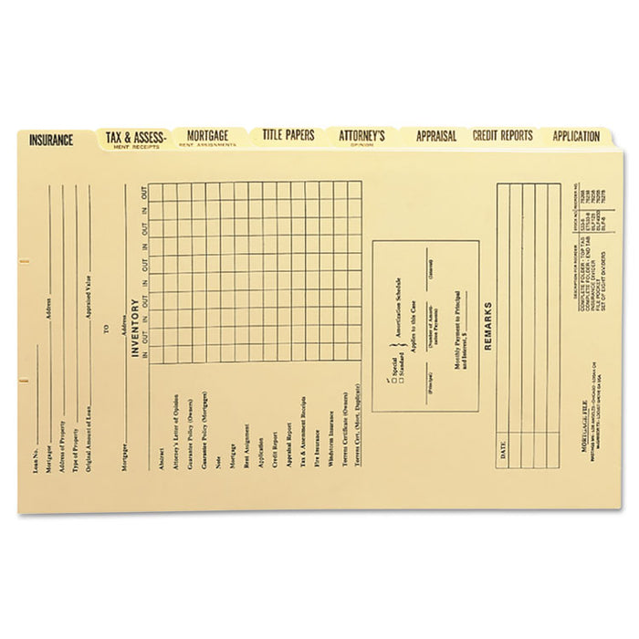 Pressboard Mortgage Folder Dividers, Pre-Printed, Legal Size, Manila, 8/Set, 12 Sets/Box
