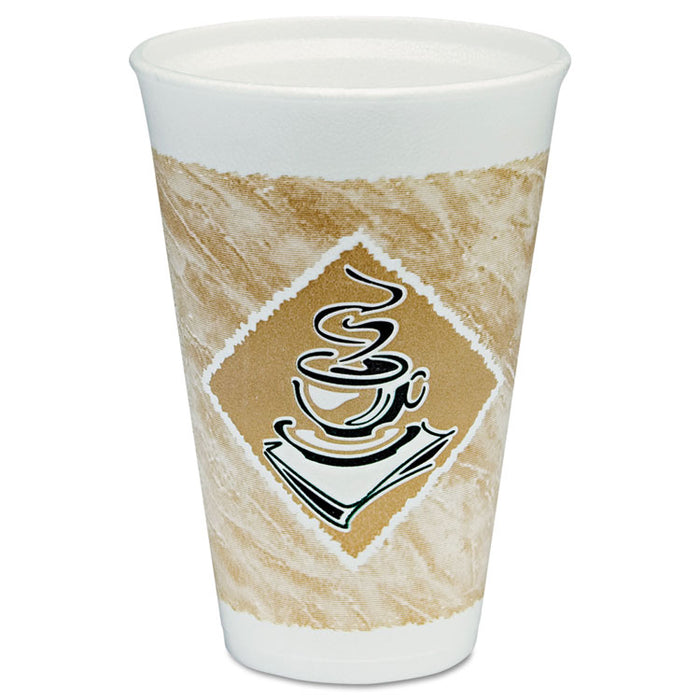Café G Hot/Cold Cups, Foam, 16 oz, White/Brown with Green Accents, 25/Pack