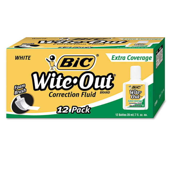 Wite-Out Extra Coverage Correction Fluid, 20 mL Bottle, White, Dozen