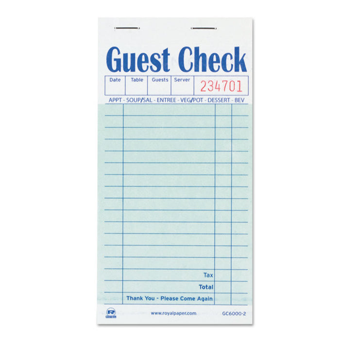 Guest Check Book, Two-Part Carbon, 3.5 x 6.7, 1/Page, 50/Book, 50 Books/Carton