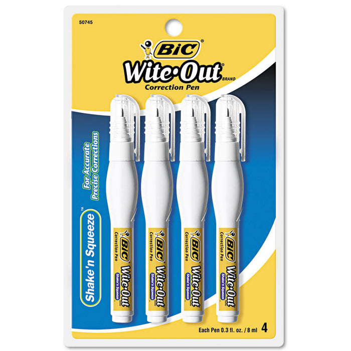Wite-Out Shake 'n Squeeze Correction Pen, 8 mL, White, 4/Pack