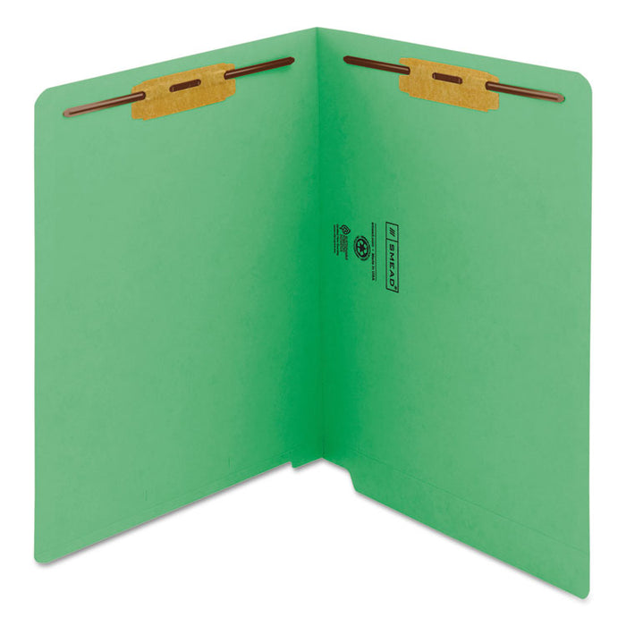 Heavyweight Colored End Tab Fastener Folders, 2 Fasteners, Letter Size, Green Exterior, 50/Box