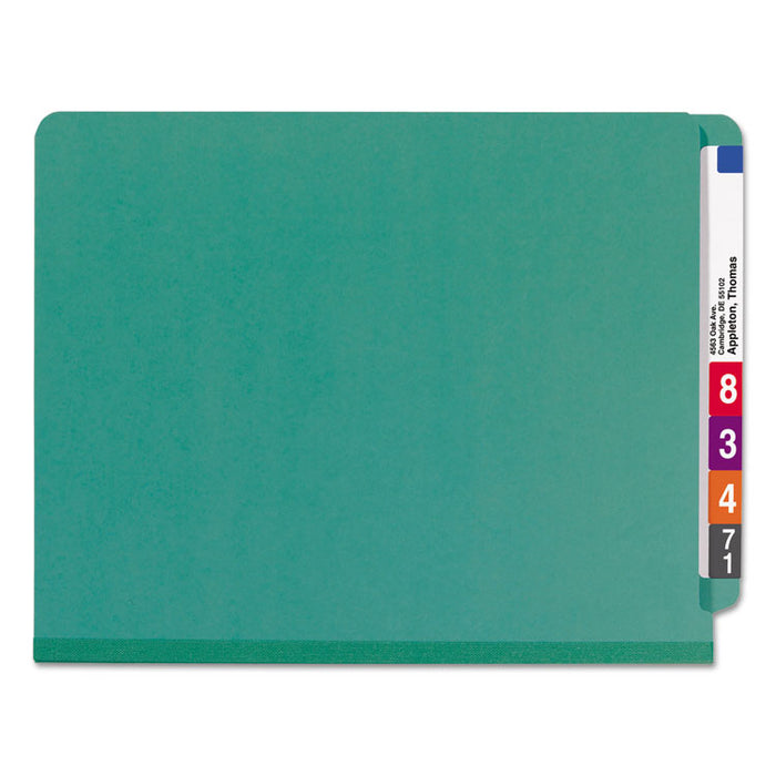 End Tab Colored Pressboard Classification Folders with SafeSHIELD Coated Fasteners, 2 Dividers, Letter Size, Green, 10/Box