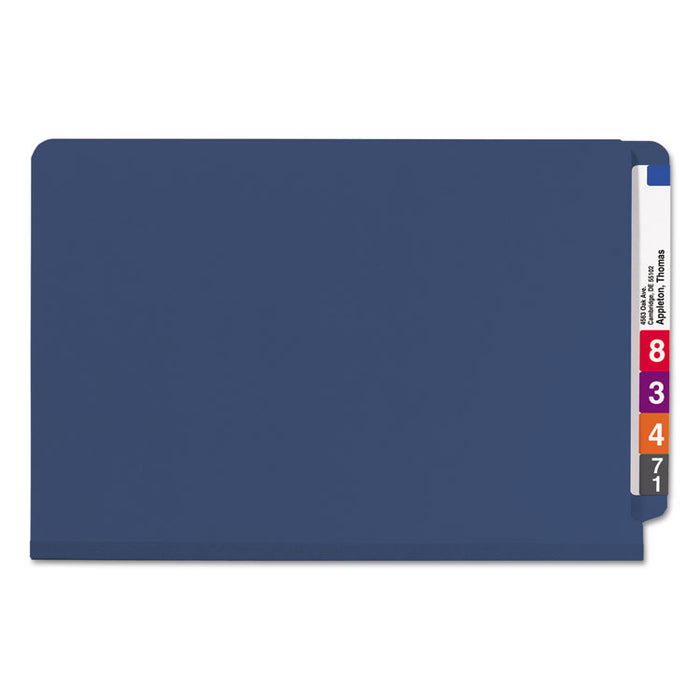 End Tab Colored Pressboard Classification Folders with SafeSHIELD Coated Fasteners, 2 Dividers, Legal Size, Dark Blue, 10/Box
