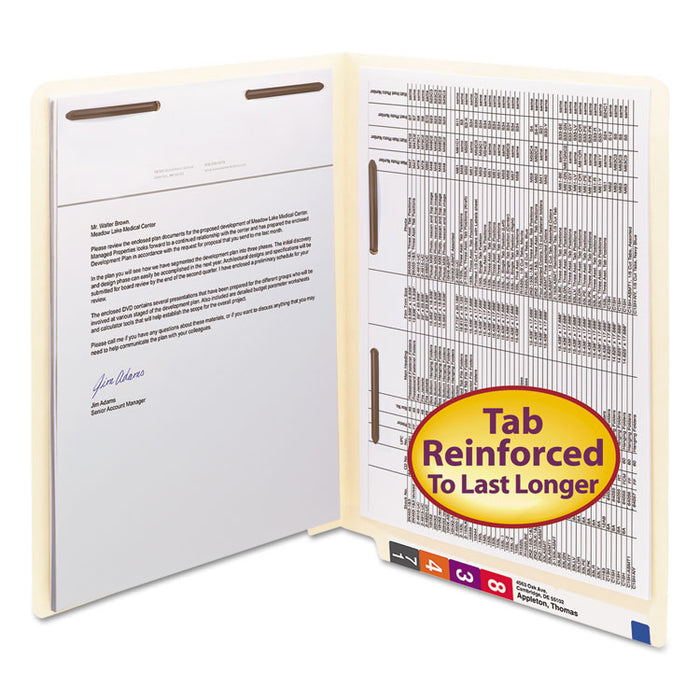 Manila End Tab Fastener Folders with Reinforced Tabs, 11-pt Stock, 2 Fasteners, Letter Size, Manila Exterior, 50/Box