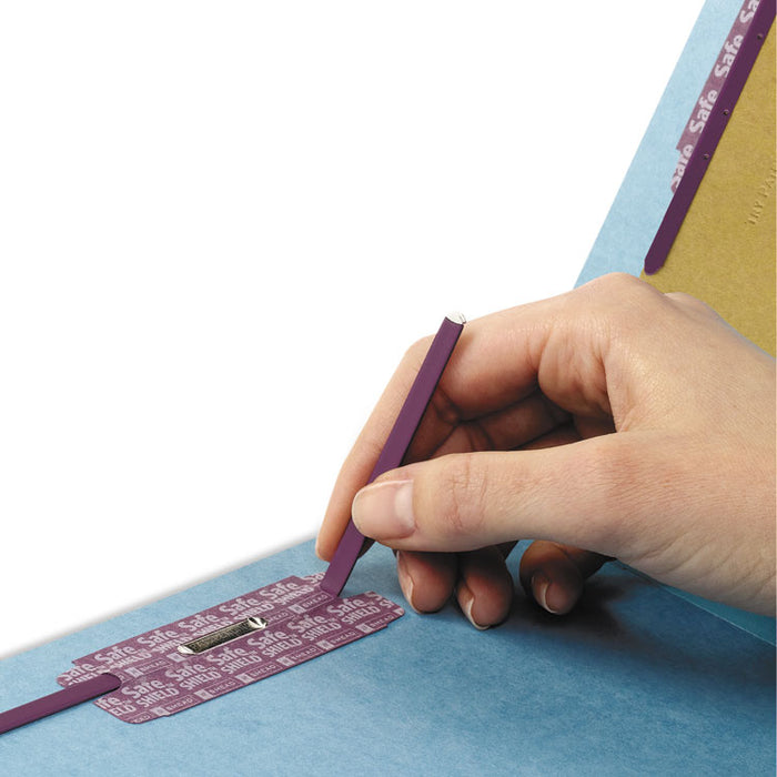 End Tab Colored Pressboard Classification Folders with SafeSHIELD Coated Fasteners, 2 Dividers, Legal Size, Blue, 10/Box